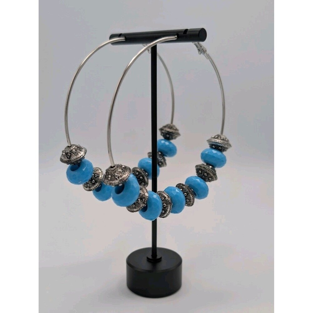 Bohemian Style Hoop Earrings Silver Turquoise Plastic Bead Southwestern Festival